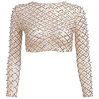 IMEKIS Sparkle Sequins Beads Sheer Mesh Crop Top Rave Outfit for Women Sexy Long Sleeve Pearls Fishnet Cover-up