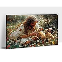 Easter Jesus Bunny Canvas Wall Art, Happy Easter Canvas Prints, Spring Florals Rabbits Easter Eggs Canvas Paintings, Jesus Feeds the Bunnies Canvas Artwork Decoration for Farmhouse 12x18 Inches