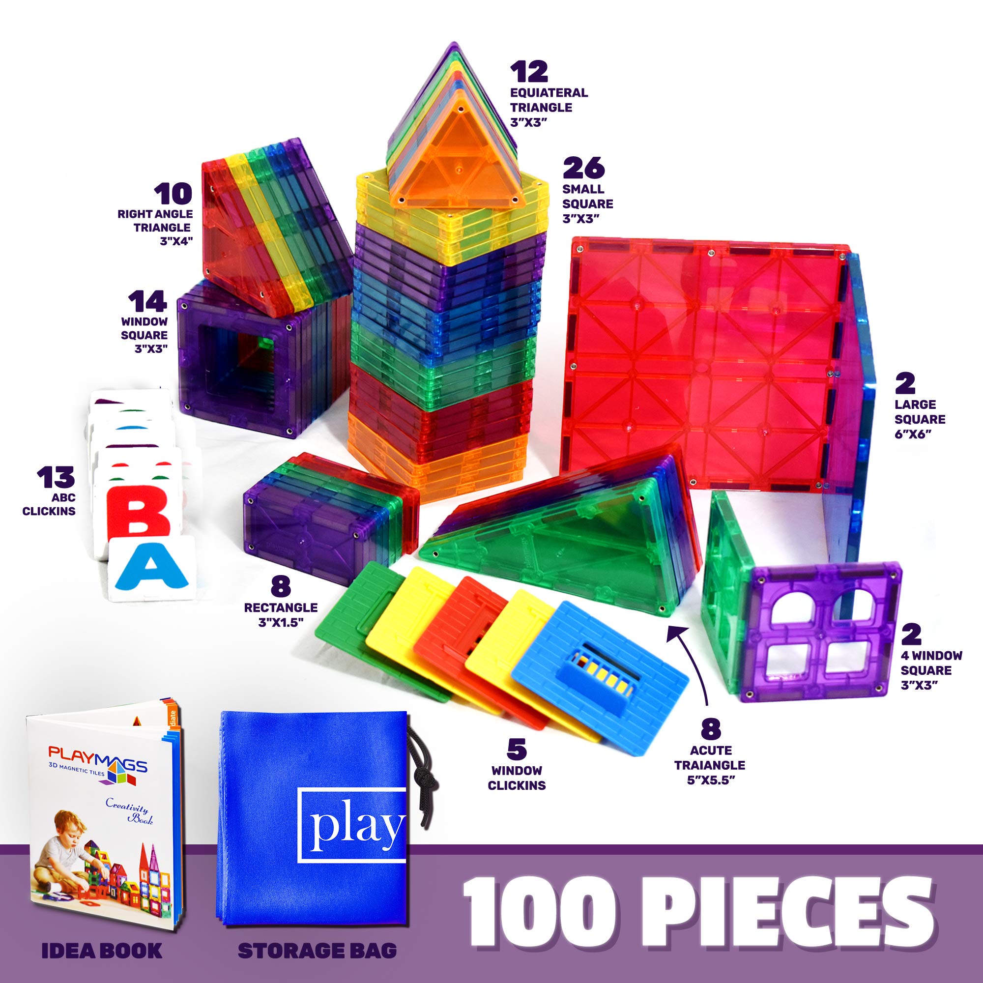 Playmags 100-Piece Magnetic Tiles Building Blocks Set, 3D Magnet Tiles for Kids Boys Girls, Educational STEM Toys for Toddlers…