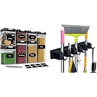CINEYO 7 Pc's Airtight Food Storage Container & Mop and Broom Holder Wall Mount (Black)