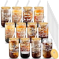 12 Set Employee Appreciation Gifts Thank You Gifts for Staff Coworker Thank You Glass Cups 16 oz Can Shaped Beer Glass with Lids Straws Brushes for Teacher Nurse(Grateful)