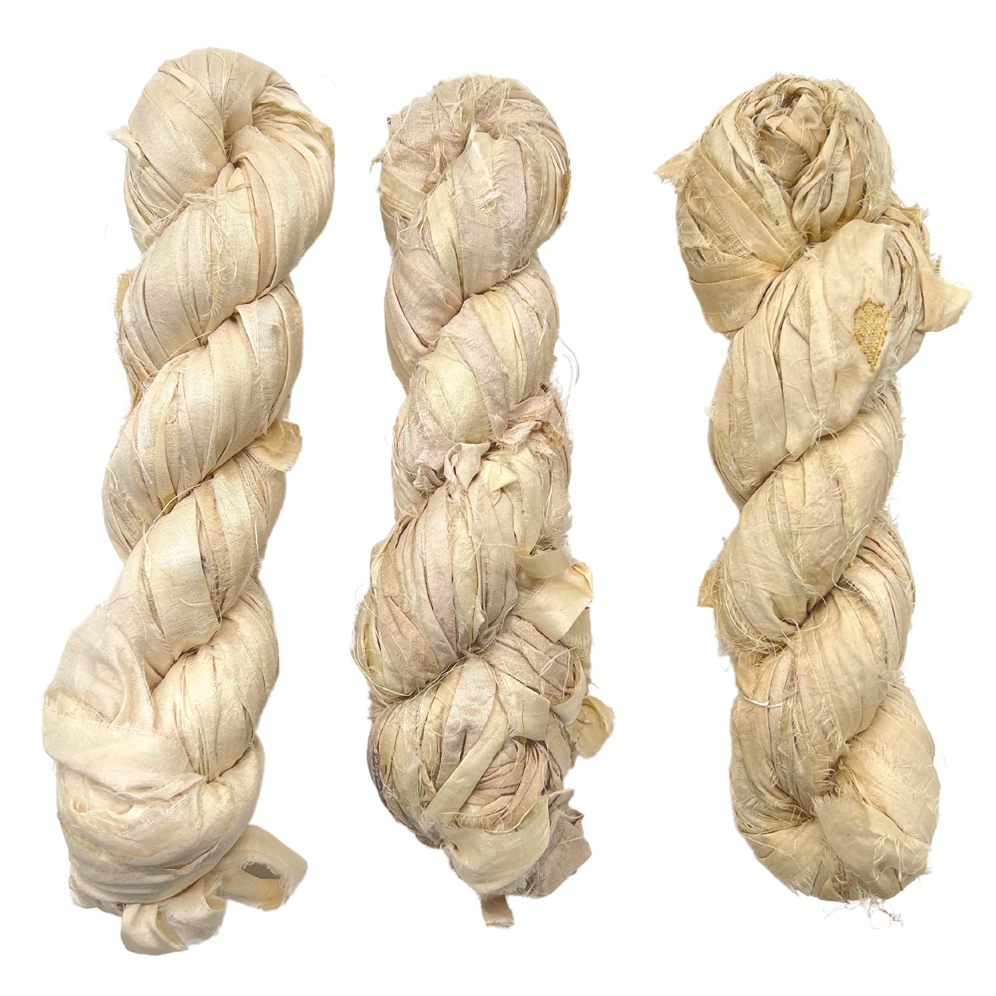 DARN GOOD YARN Recycled Sari Silk Ribbon Yarn Vintage Ivory Off-White Dyeable 100 Grams, 50 Yards, 1 Skein Handmade one of a Kind