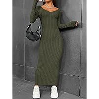 Dresses for Women - Solid Ribbed Knit Bodycon Dress (Color : Army Green, Size : Large)