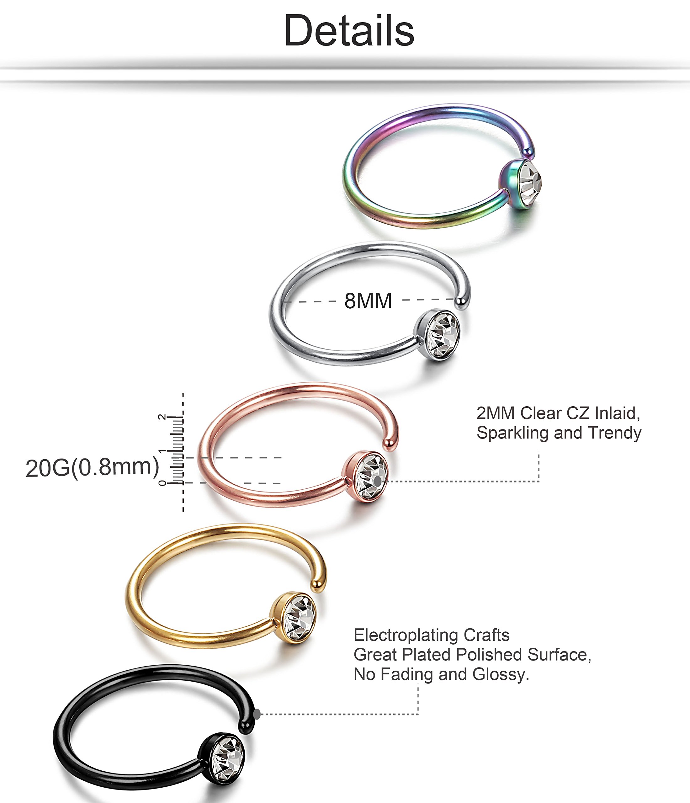 ORAZIO 5-12Pcs 20G Stainless Steel Nose Ring Hoop CZ Body Ear Piercing 5 Mixed Colors