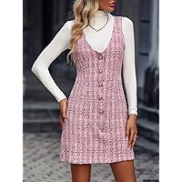 Women's Dress Plaid Single Breasted Tweed Dress Without Sweater Women's Dress (Color : Pink, Size : X-Large)