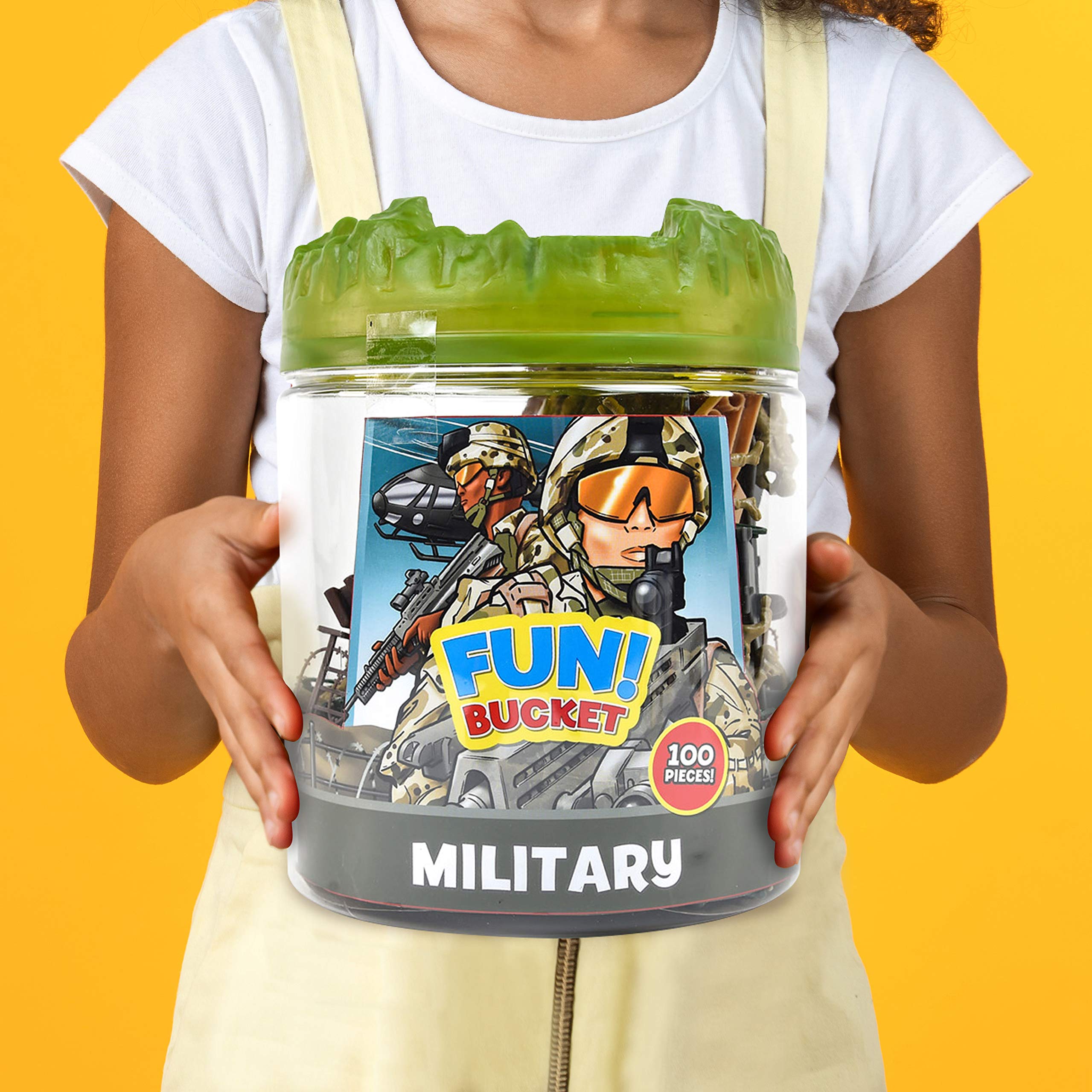Sunny Days Entertainment Military Battle Group Bucket – 100 Assorted Soldiers and Accessories Toy Play Set for Kids, Boys and Girls | Plastic Army Men Figures with Storage Container