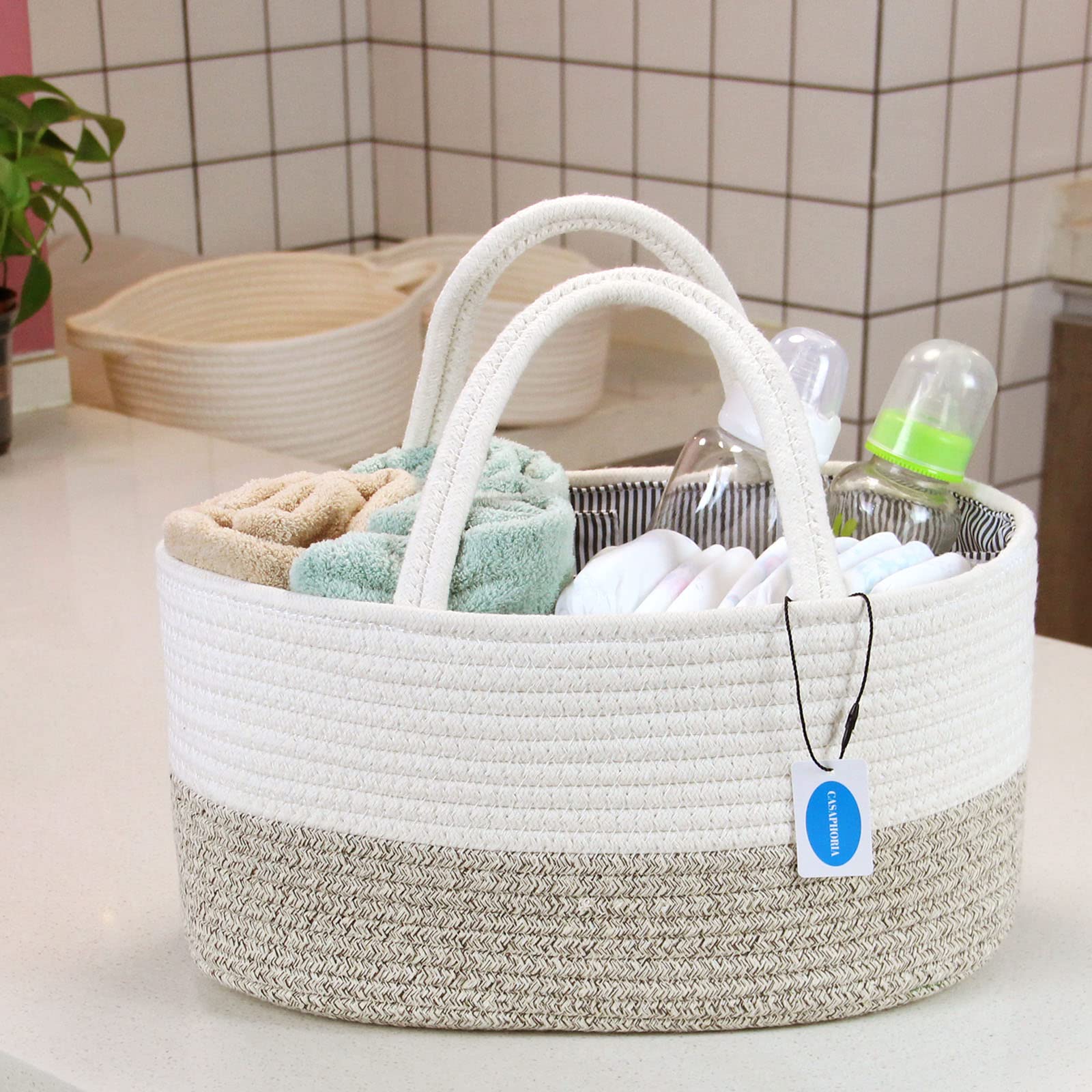 Casaphoria Diaper Caddy Organize,Cotton Rope Diaper Basket Caddy Baskets for Storage,100% Cotton Car Diaper Organizer with Removable Inserts,light brown(14.2''×8.7''×7.1'')