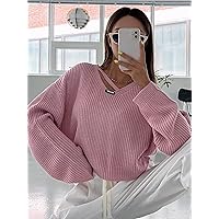 Sweaters for Women Patch Detail Cut Out Drop Shoulder Sweater (Color : Baby Pink, Size : Small)