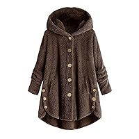 Andongnywell Ladies Button Plush Tops Hooded Loose Cardigan Women's Jacket Solid Color Pullover Tunic Tops (Brown,Medium)