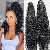 Crochet Boho Box Braids With Human Hair Curls Pre Looped Box Braids With Curly Human Hair Full Ends Hair Extensions For Women Natural Color 24 Inch 3 Pack 120 Strands
