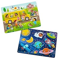 B. toys- Peek & Explore 2-Pack - Outer Space & School Bus- Chunky Puzzle Pack – Puzzles for Toddlers, Kids- 8 Pieces Each – 2 Years +
