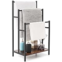 Freestanding Towel Rack Stand for Bathroom, 3 Tier Blanket Ladder Holder, Towel Drying and Display Rack with Shelf, Metal Blanket Rack, Farmhouse Rustic Brown and Black