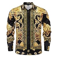 Mens Luxury Brand Printed Silk Like Satin Button Down Dress Shirt for Party Prom Long Sleeve Slim Fit Floral Nightclub Shirt