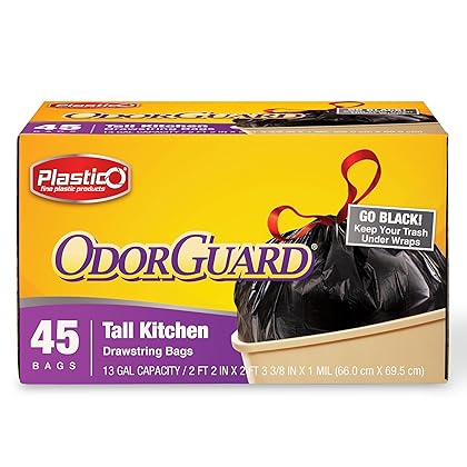 Plastico Tall Kitchen Trash Bags - 13 Gallon, Black, Extra Strong Garbage Bags, Easy Drawstrings - 45 Count, Odor Guard Control, 1 Mil Thick Plastic