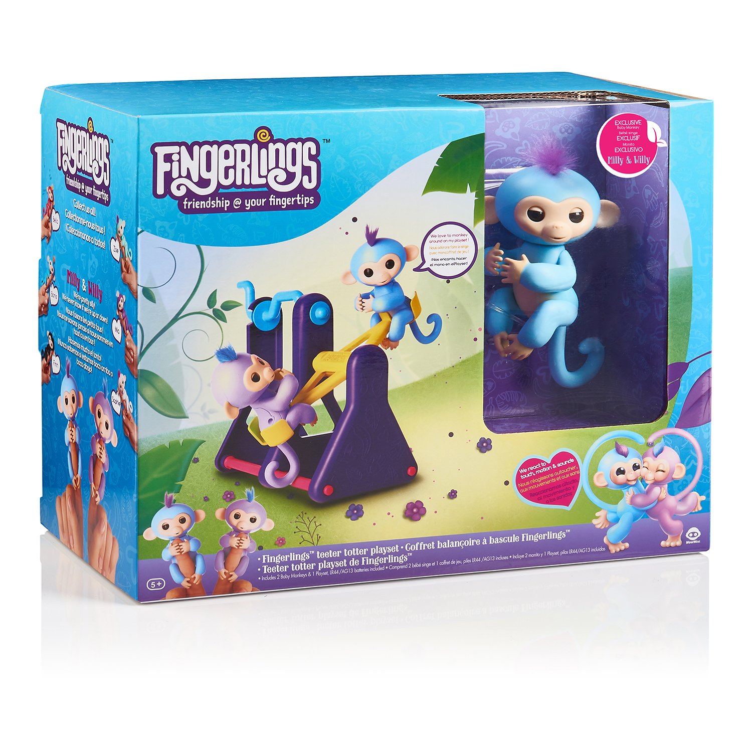 WowWee Fingerlings Playset – See-Saw with 2 Baby Monkey Toys, “Willy” (Blue) and “Milly” (Purple)