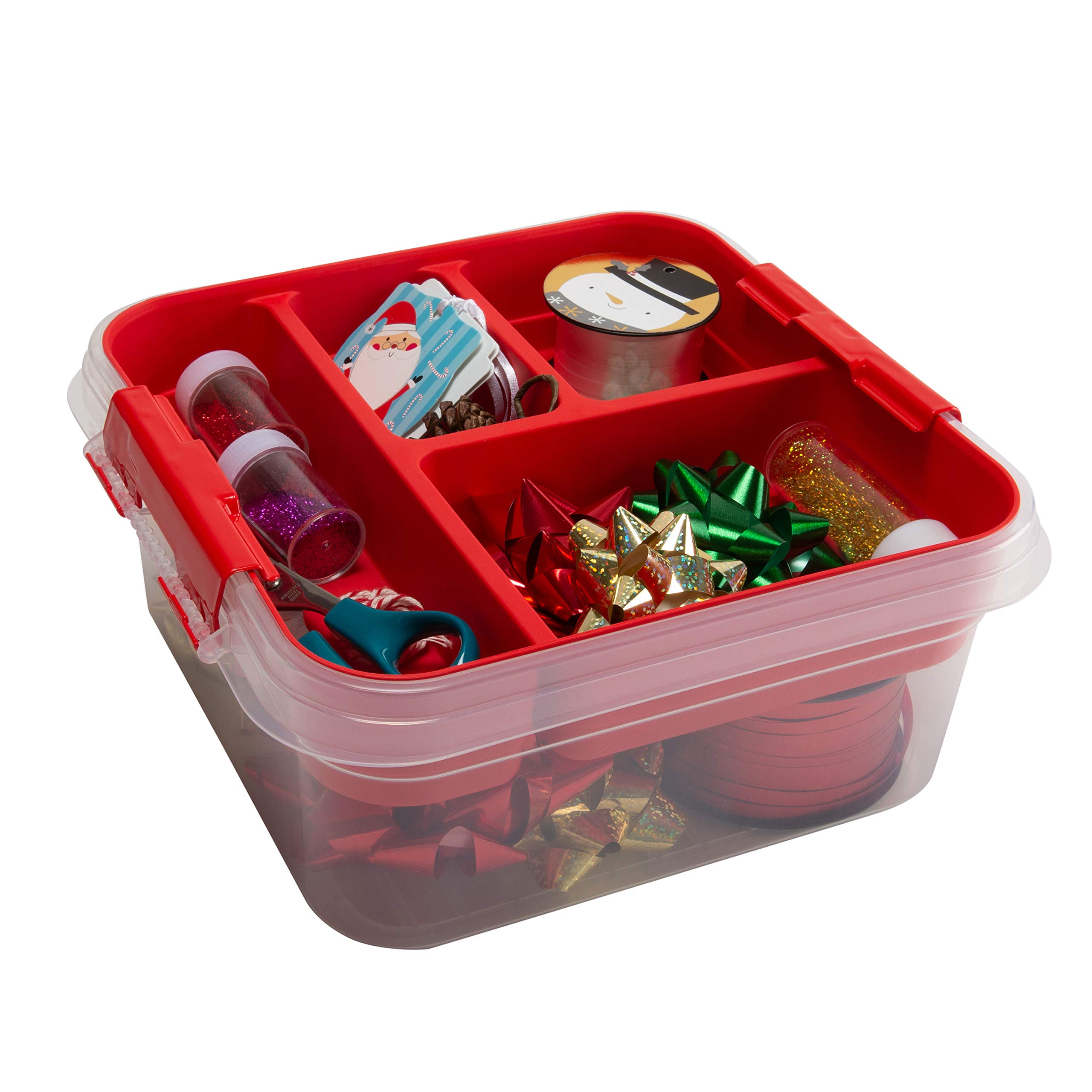 Simplify 5 Compartment Gift Supply Storage Box | 2 Tier Box | Red | Clear Top Lid | Dimensions: 9.5