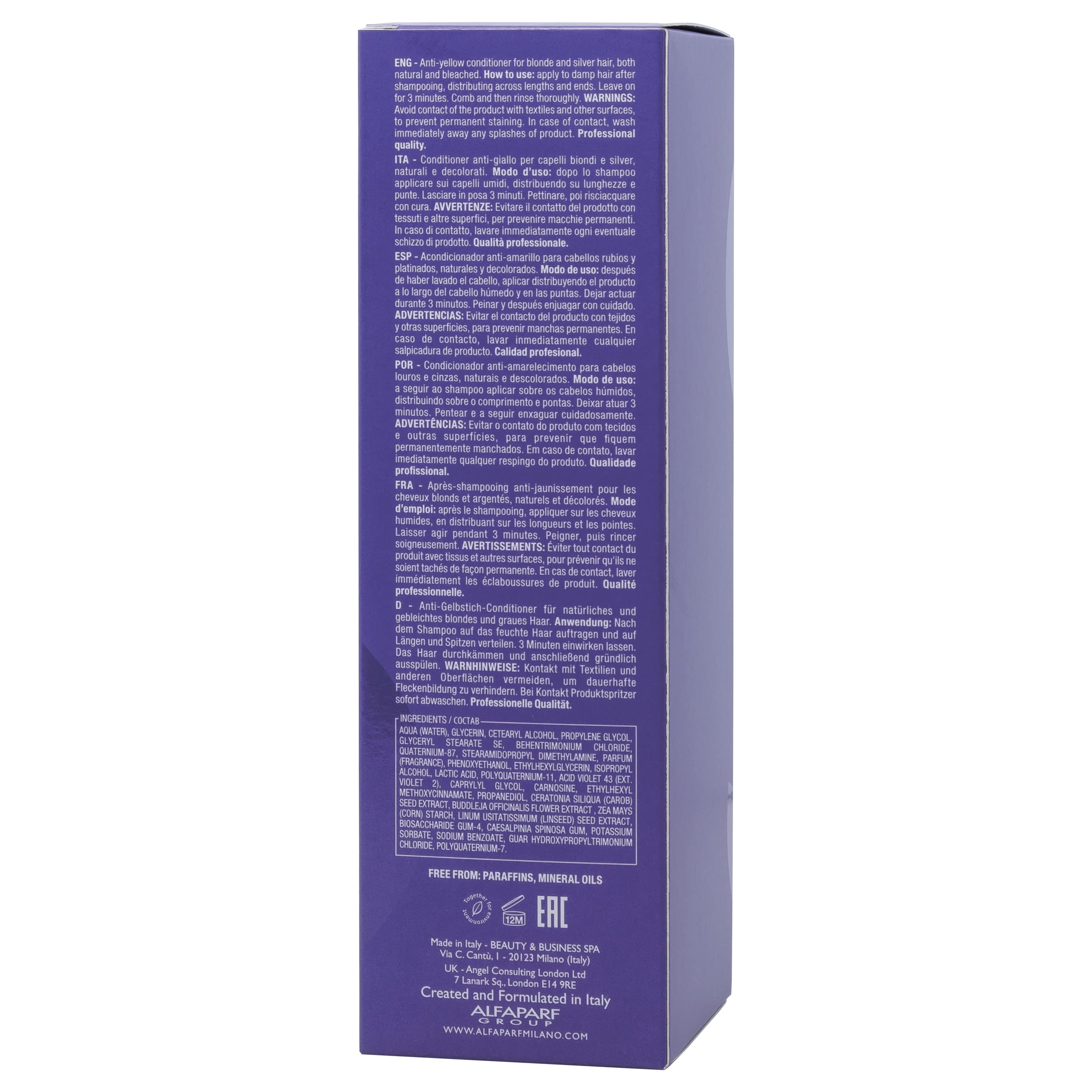 Alfaparf Milano Semi di Lino Blonde Anti-Yellow Conditioner for Blonde, Platinum and Silver Hair - Paraffin Free Purple Conditioner - Removes Yellow and Brassy Tones - Corrects Brassiness