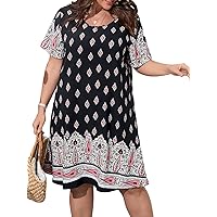 OYOANGLE Women's Plus Size Floral Print Short Sleeve Round Neck Flared Tunic Dress