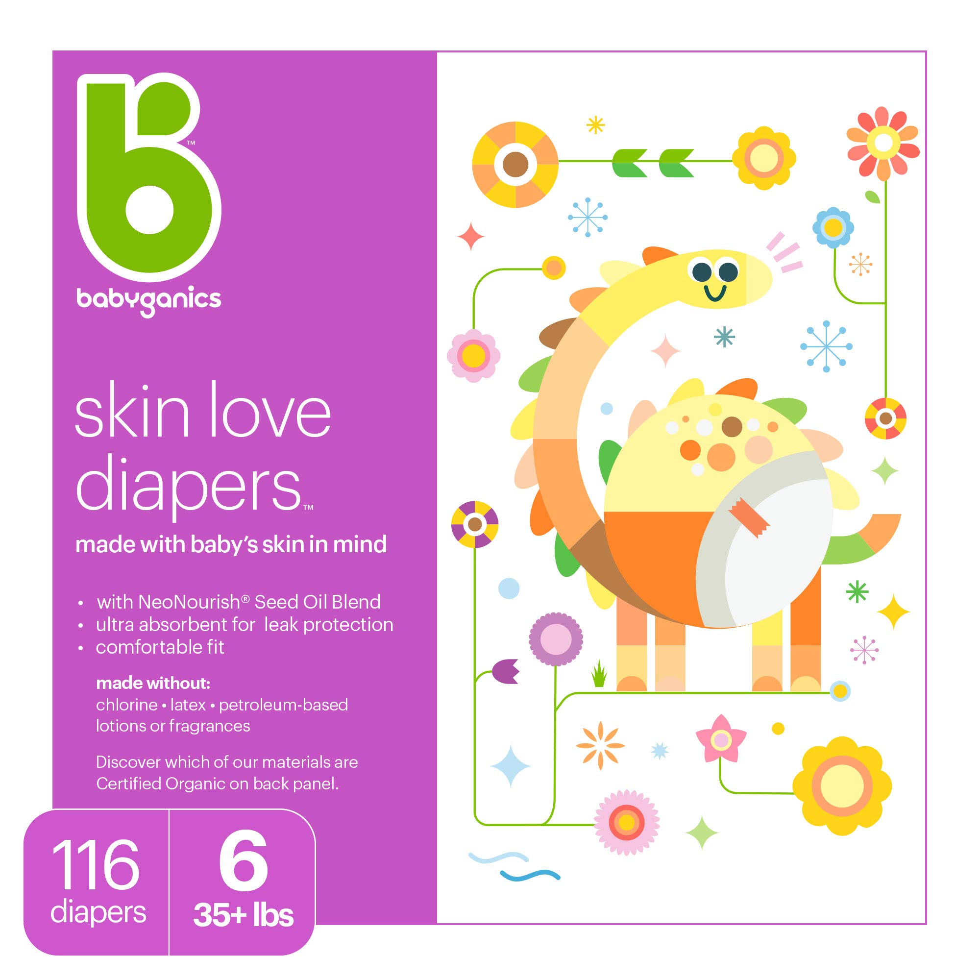 Baby Diapers, Size 6 (35 lbs+) 116 Count- Babyganics Ultra Absorbent, Unscented, Made without Chlorine, Latex
