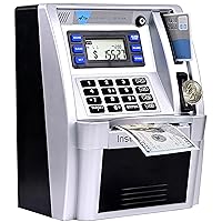 ATM Piggy Bank, Kids ATM Bank Machine Real Money, with Debit Card, Balance Calculator, Digital Electronic Savings Safe Box for Teen Boys Girls. Silver/Black