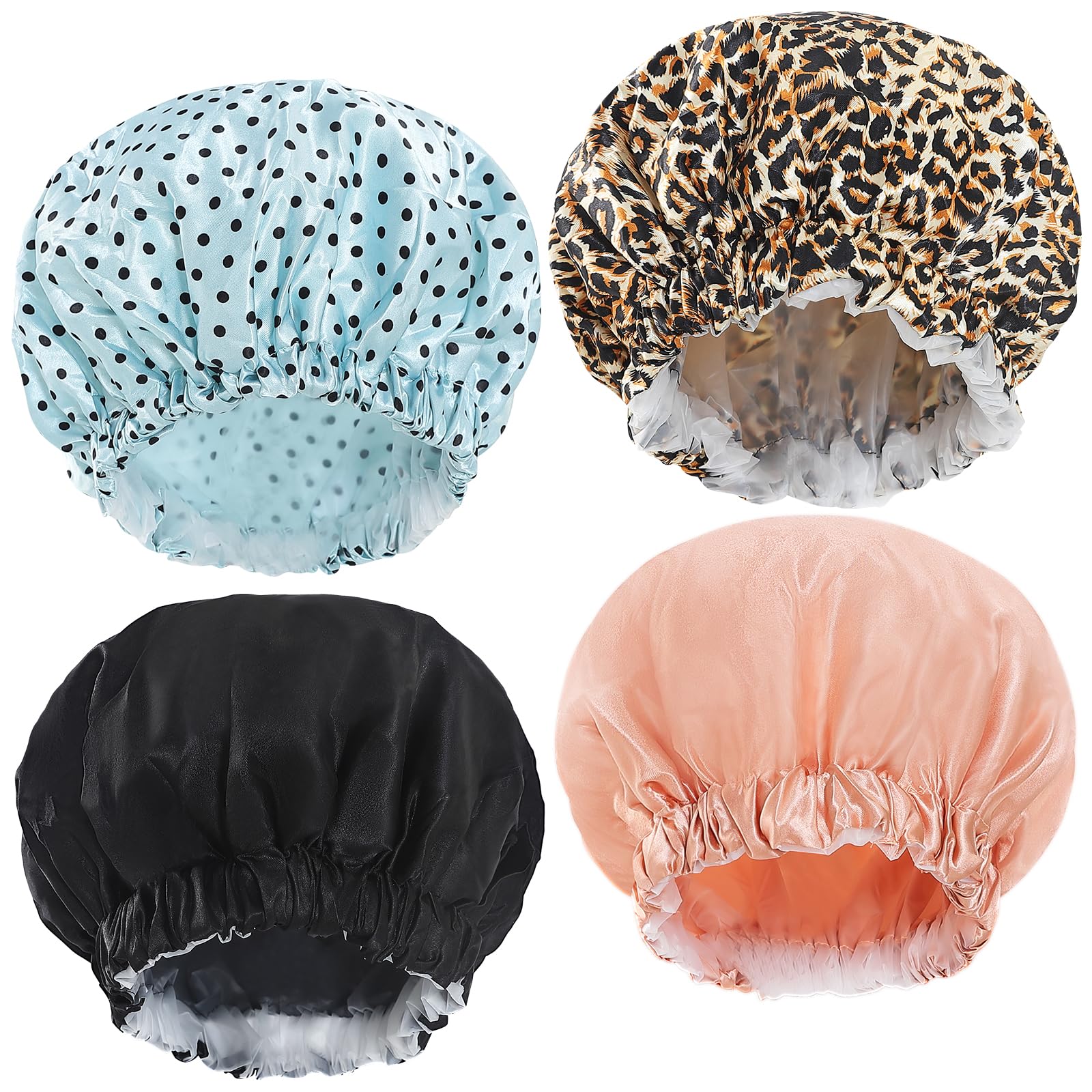 4 Pack Shower Caps for Women Reusable Waterproof, Double Protection Layer Satin shower Cap, Eco-Friendly Elastic Bath Hair Cap for Shower with a Toiletry Bag