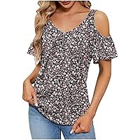 Hot Fashion Sale 2024 Women Summer Tops 2024 Casual Sexy Blouses Cold Shoulder Floral Shirts V Neck Short Sleeve Tshirt Boho Blouses Tee Women'S Vacation Clothing