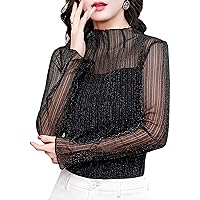 Women's Casual Bright Silk Lace Tops Fashion Mock Neck Semi Sheer Short Sleeve Hollow Out Mesh Blouse Elegant Work Shirt