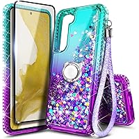 NGB Supremacy Case for Samsung Galaxy S24 Plus, Girls Women Glitter Floating Liquid Cute Case with Tempered Glass Screen Protector, Ring Holder/Wrist Strap (Aqua/Purple)