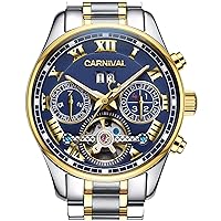 WhatsWatch Carnival Men's Watch Automatic Mechanical Tourbillon Stainless Stell Date Blue Dial Skeleton Watch