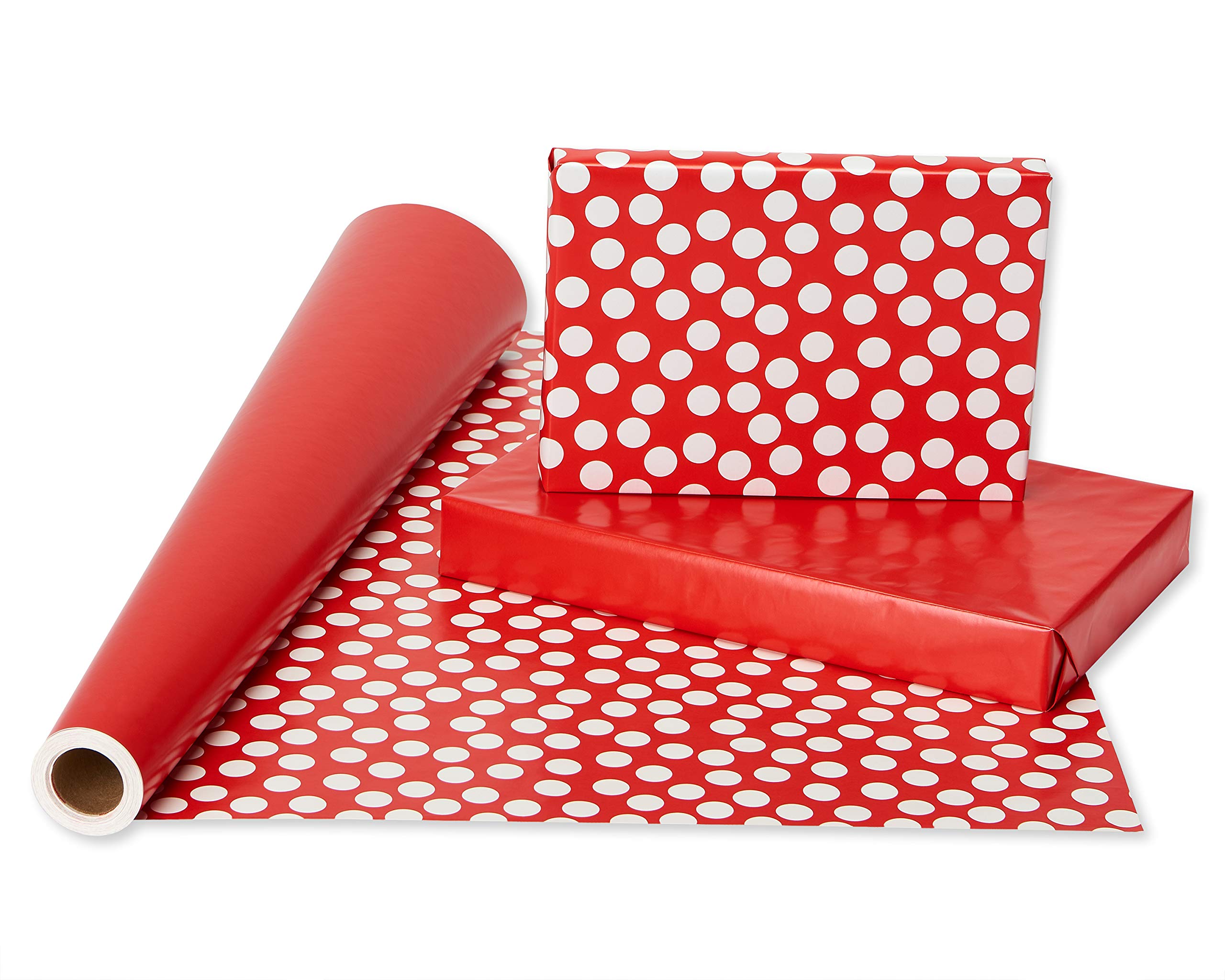 American Greetings Reversible Wrapping Paper Jumbo Roll for Birthdays, Graduation and All Occasions, Red and White Polka Dots (1 Roll, 175 sq. ft.)