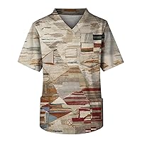 Scrub Tops Men's Classic Striped Patchwork Print Scrubs Shirts Fashion V-Neck Scrubs Tops with Chest Pockets