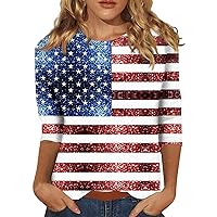 July 4 Shirts Summer Tops 3/4 Sleeve for Women 2024 American Flag Clothes T-Shirts Ladies Star Stripes Tee Blouses