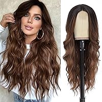 NAYOO Long wavy Wigs for Women Middle Part Wavy Curly Wig with Dark Roots Synthetic Heat Resistant Fiber Women Wigs for Daily Party Use (Ombre Brown)…