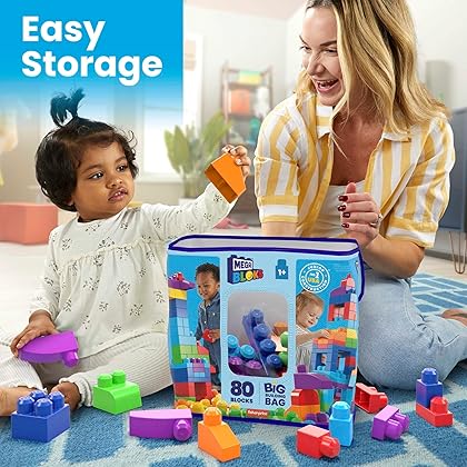 MEGA BLOKS Fisher-Price Toddler Block Toys, Big Building Bag with 80 Pieces and Storage Bag, Blue, Gift Ideas for Kids Age 1+ Years