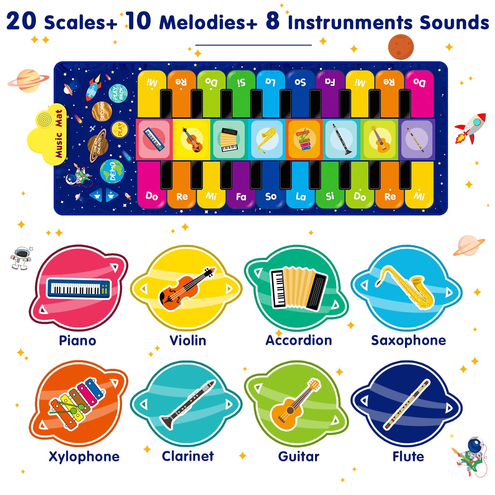 Piano Mat Music Toys with 20 Musical Keys, 10 Songs, 8 Instrument Sounds, Baby Dance Mat Piano Play Mat Portable Blanket Build-In Speaker & Recording Function for Kids Toddlers Girls Boys Ages 4-8