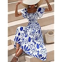 Dresses for Women Women's Dress Allover Print Shirred Layered Sleeve Ruffle Hem Dress Dresses (Color : Blue and White, Size : Small)