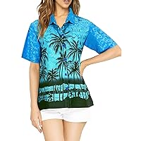 LA LEELA Button Down Shirt for Women Summer Beach Party Blouse Shirt Colorful Blouses Casual Short Sleeve Tropical Vacation Hawaiian Shirts Tank Top Women L Azure, Palm Tree View