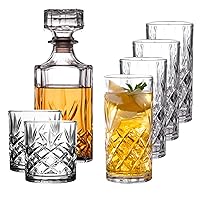 Royalty Art Kinsley Tall Highball set of 8, And Whiskey Glasses Set with Decanter 5-Pc Set,Textured Designer Glassware for Drinking Water, Beer, or Soda, Trendy and Elegant Dishware, Dishwasher Safe