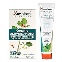 Himalaya Organic Ashwagandha, 60ct for Stress Relief, Energy Support & Occasional Sleeplessness Plus Himalaya Whitening Complete Care Toothpaste, Fluoride Free, Mint Flavor – 2-Product Bundle
