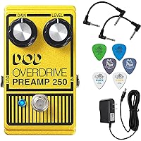 Digitech DOD Overdrive 250 Analog Overdrive Preamp Guitar Effects Pedal - Bundle with 2 Patch Cables, 6 Dunlop Picks, and Power Supply