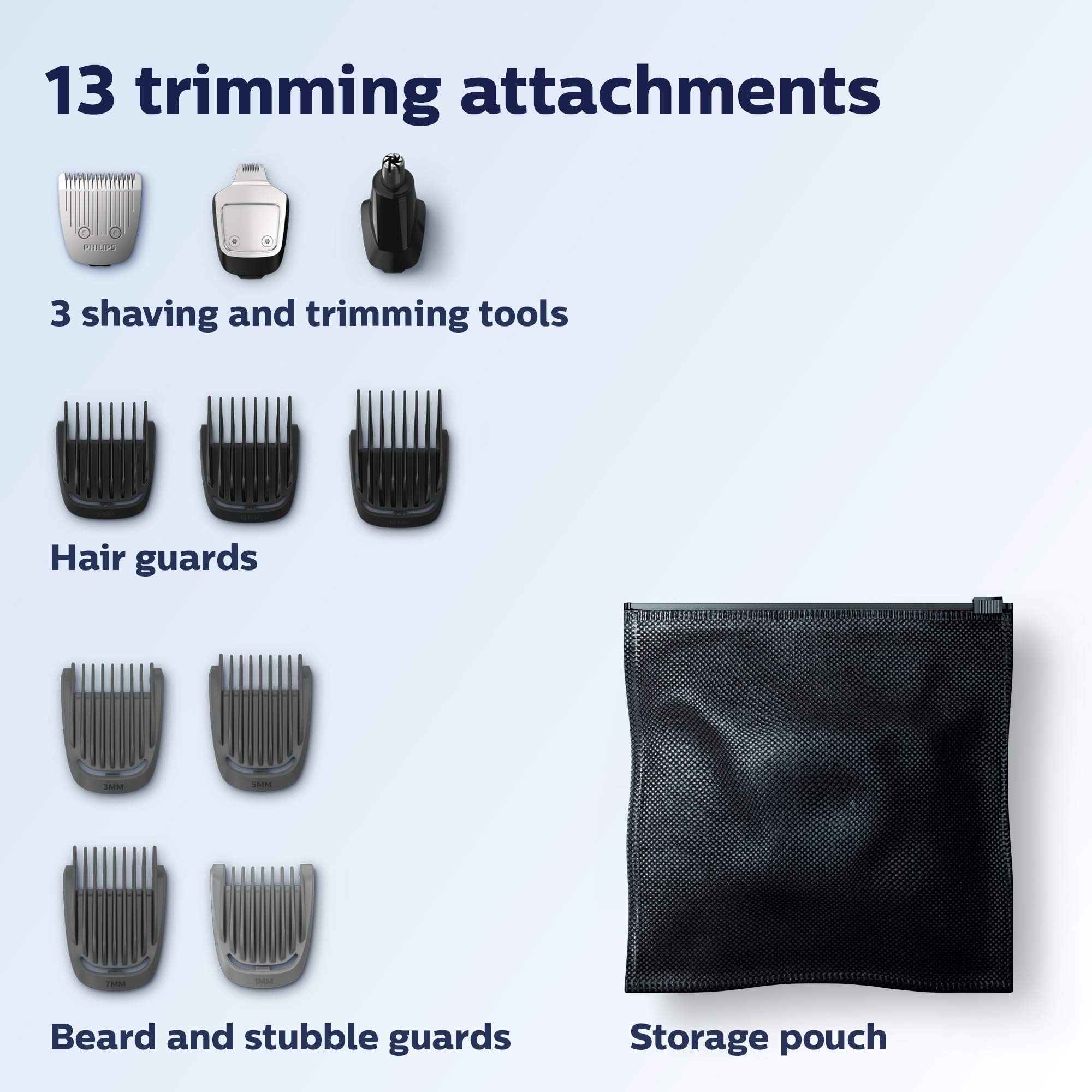 Philips Norelco Multi Groomer - 13 Piece Mens Grooming Kit for Beard, face, Nose, and Ear Hair Trimmer and Hair Clipper - NO Blade Oil Needed, MG3740/40