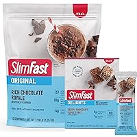 Bundle of SlimFast Original Meal Replacement Powder Rich Chocolate Royale, Shake Mix, 52 Servings + SlimFast Delights Crispy Chocolate Fudge Treat, 5 Count