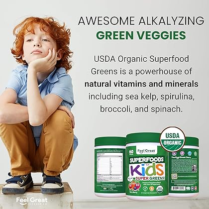 Certified USDA Organic Superfood Greens for Kids Berry Juice Powder by Feel Great Vitamin Co. | Prebiotics, Probiotics & Digestive Enzymes | Vegan, Gluten-Free & Dairy-Free w/Immune Support*
