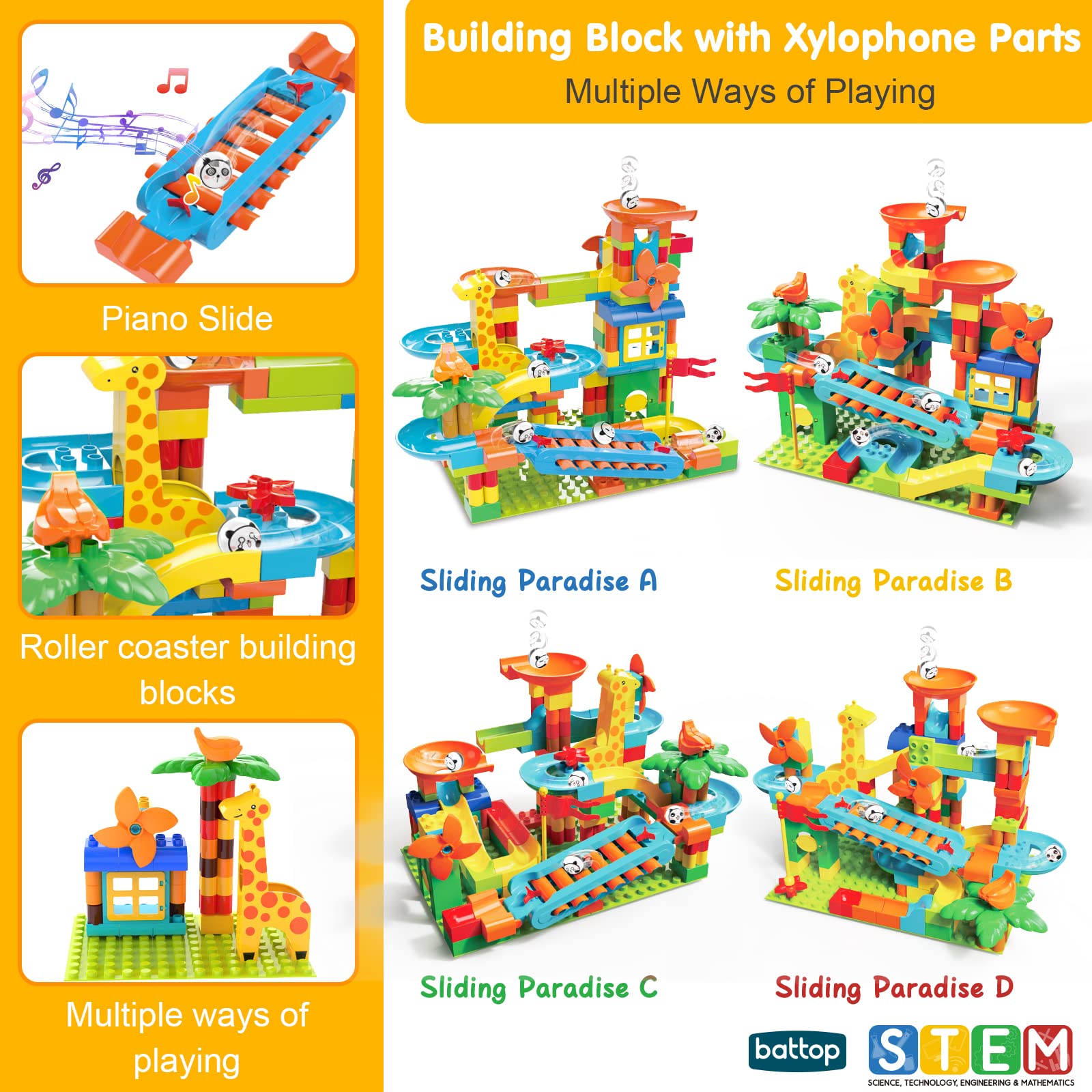 BATTOP Marble Run for Kids Ages 4-8, 167 PCS Classic Big Size Blocks Set, Crazy Marble Run Building Blocks with 4 Balls Race Track, STEM Toys Bricks Set Christmas Toys for Boys & Girls