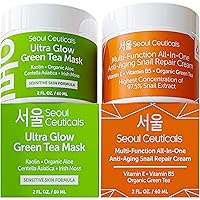 SeoulCeuticals Korean Skin Care Set - Korean Green Tea Face Mask + Korean Snail Cream Moisturizer - Potent Korean Skincare Set Eliminates Dull Dry Skin for Healthy K Beauty Glow