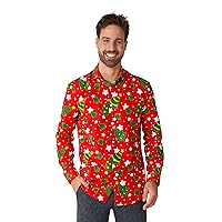 SUITMEISTER Men's Christmas Dress Shirt - Wreath & Tree Slim Fit Green Red - Long Sleeve - Size M