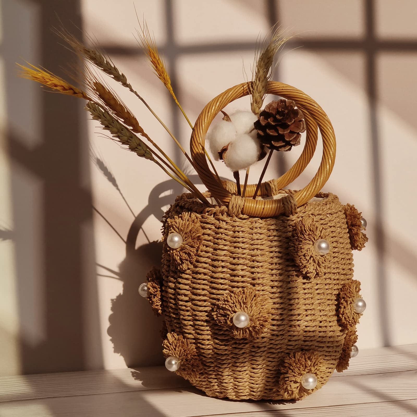 NIBD Flower Pearls Rattan Tote Bag Summer Beach Drawstring Straw Bucket Bag Diamonds Woven Handbag