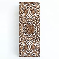 Sculpted Wall Art Wooden Panel Hand Carved Floral Feng Shui Home Decoration Wood Artworks from Chiang Mai Thailand 36x14 inches