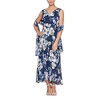 Alex Evenings Women's Sleeveless Printed Chiffon Dress with Shawl