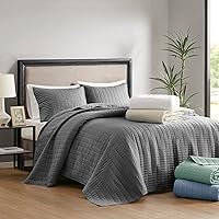 Comfort Spaces Queen Quilt-All Season Bedding, Charcoal Grey Bedspread with Double Sided Stitching Design, Soft Summer Blanket Matching Shams Coverlet Kienna Collection (102